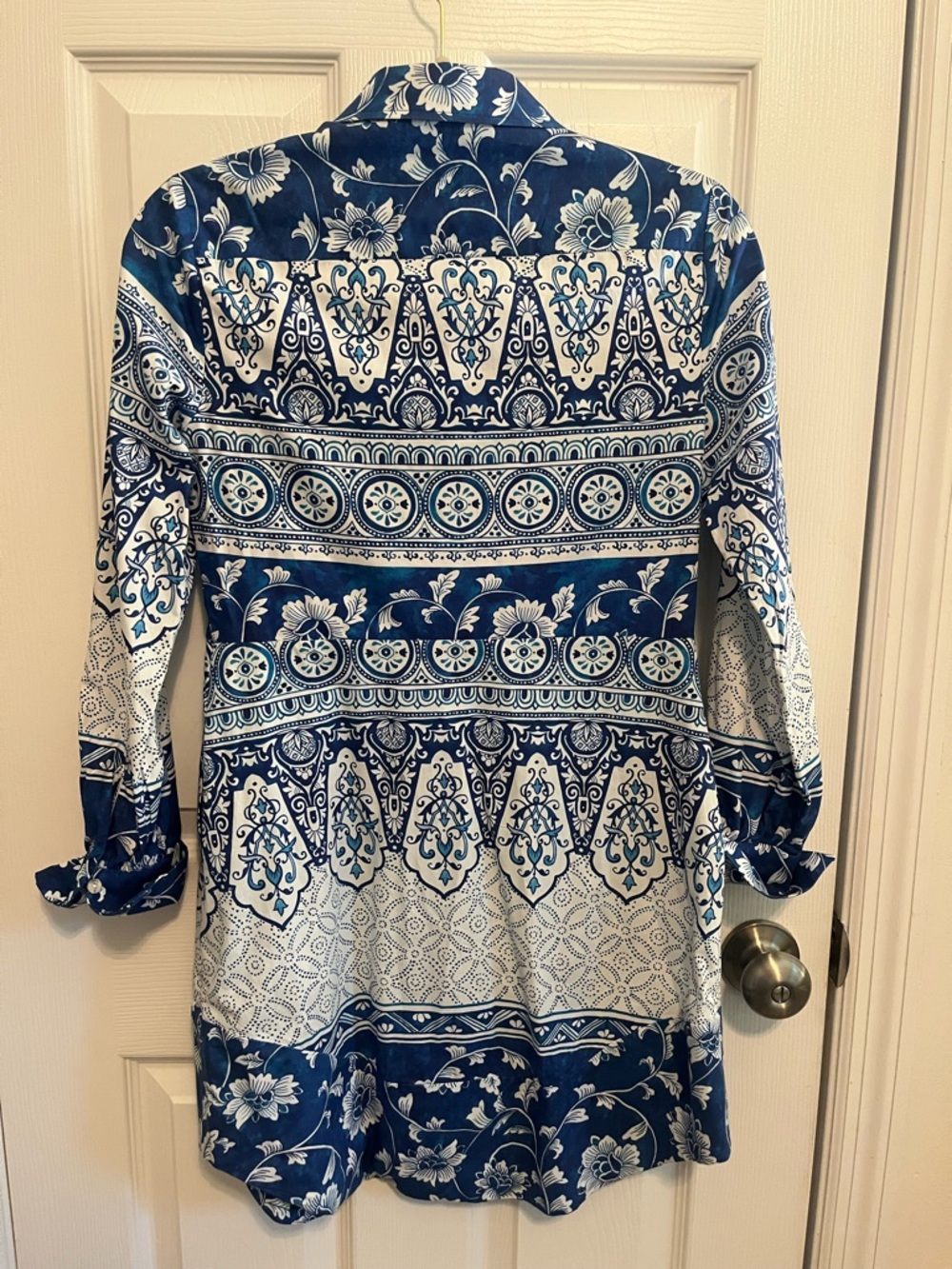 Anthro Blue White Tile Print Shirt Dress XS Button Down Coastal Preppy Chic - Picture 10 of 12
